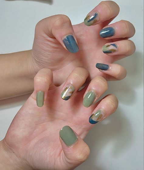 Green And Blue Nails Short, Aesthetic Nails Green, Nails Green Blue, Nails Green, Aesthetic Nails, Beige Nails, Blue Nail Designs, Blue Cute, Wedding Nails For Bride