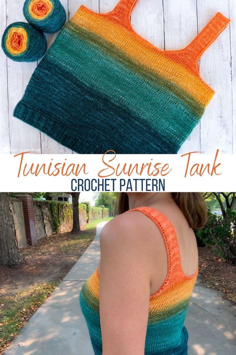 This Tunisian Crochet Tank Top reminds of a beautiful sunrise and I just love the way that makes me feel. Make one using this pattern! Tunisian Crochet Crop Top, Tunisian Crochet Top Patterns Free, Tunisian Crochet Tank Top, Tunisian Crochet Top, Crochet Tank Top Free Pattern, Crochet Tank Top Pattern, Crochet Tank Top Free, Diy Crochet Gifts, Crocheted Clothing