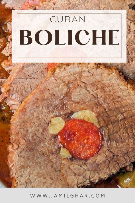 Enjoy boliche or Cuban pot roast stuffed with zesty garlic and savory chorizo braised in sofrito and red wine, and served with fork-tender potatoes. Cuban Pot Roast, Boliche Recipe Cuban, Cuban Boliche Recipe, Cuban Meals, Mechado Recipe, Cuban Beef, Stuffed Roast, Tender Chuck Roast, Cuban Recipe