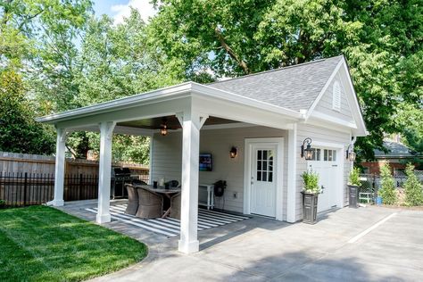 The Likes Family Put A Lotta Love Into This Beautiful Hyde Park Renovation Detached Garage Connected To House, Garage Bay Conversion, Garage With Pavillion, Detached Garage With Pool House, Garage With Pool House On Back, Garage With Porch On Side, Small Detached Garage Ideas Backyard, Detached Garage With Outdoor Kitchen, Detached Garage With Covered Patio