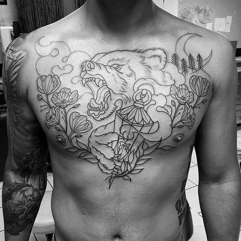 Tattoos On Chest, Bear Claw Tattoo, Traditional Chest Tattoo, Lotusblume Tattoo, Claw Tattoo, Ring Finger Tattoos, Wild Tattoo, Bear Tattoos, Cool Chest Tattoos