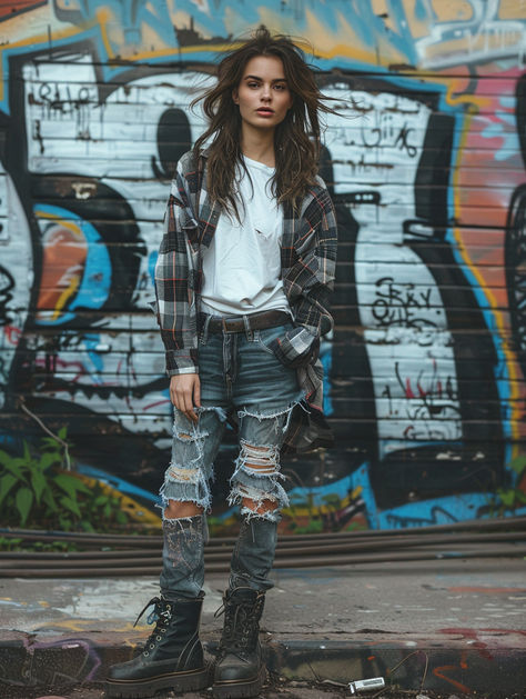 Create an edgy urban look with grunge fashion: ripped jeans, black tee, flannel shirt, and combat boots. Perfect for a stylish, gritty vibe. Punk Chic Fashion, Ripped Jeans Black, Punk Chic, 90s Fashion Grunge, Fashion Grunge, 90's Grunge, Oversized Flannel, Urban Looks, 90s Grunge