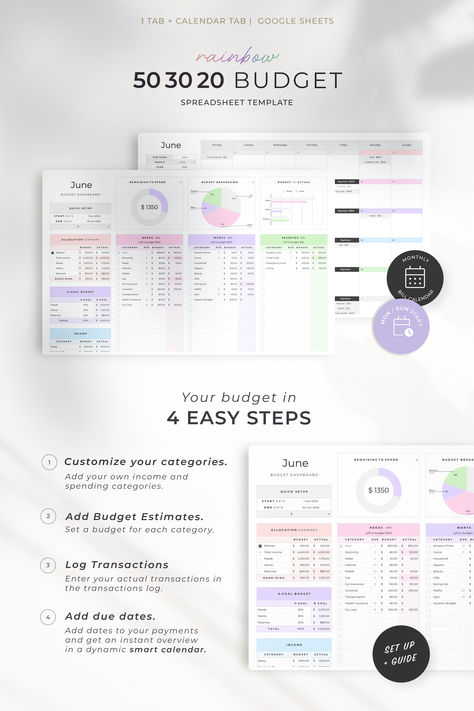 Colorful 50 30 20 Budget Dashboard Spreadsheed with dynamic bill calendar. Google Sheets budget template. Budget Dashboard, 50 30 20 Budget, Personal Budget Template, Monthly Budget Sheet, Budget Calendar, Budget Spreadsheet Template, Budget Template Free, Paycheck Budget, Budget Planner Template