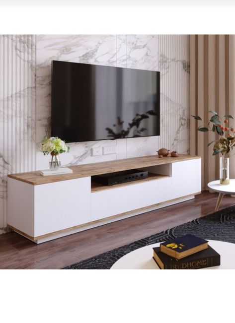 Natural Wood Console Table, Tv Stand Decor Ideas, Hanging Tv On Wall, White Tv Unit, Home Tv Stand, Tv Stand Decor, Floating Tv Stand, Tv Home, Mobile Tv