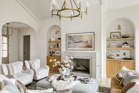 Portfolio | Kelsey Leigh Design Arched Built Ins Living Room, Arched Built Ins, Kelsey Leigh Design Co, Built Ins Living Room, Kelsey Leigh Design, Build Fireplace, Popular Living Room, Farmhouse Style Furniture, American Farmhouse Style