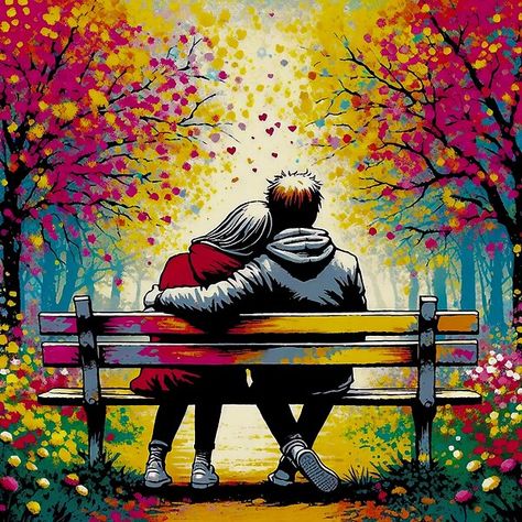 "Autumn Embrace - Colorful Park Bench Scene"  This captivating piece captures a serene moment of two individuals seated on a park bench, surrounded by the vivid hues of autumn. The trees, adorned with pink and yellow leaves, create a canopy above.  Image available on multiple products ✨️   #Streetartstyle #graffitiart #urbanstyle #popofcolour #graffitticulture #selcouthillustrique #romanceandgestures Bench Drawing, Fireplace Drawing, Scene Ideas, Sun Drawing, Romantic Wall Art, Tutorials Drawing, 13 October, Painting Art Lesson, Digital Art Illustration