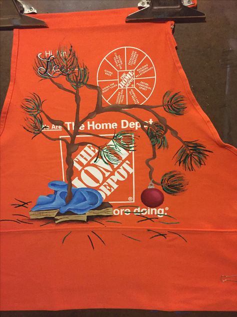 Christmas Home Depot apron Home Depot Apron Ideas, Grinch Apron Christmas, Apron Decor, Home Depot Apron Art, Holiday Aprons Christmas, Home Depot Apron, Home Depot Holiday Apron, Apron Art, Apron Design