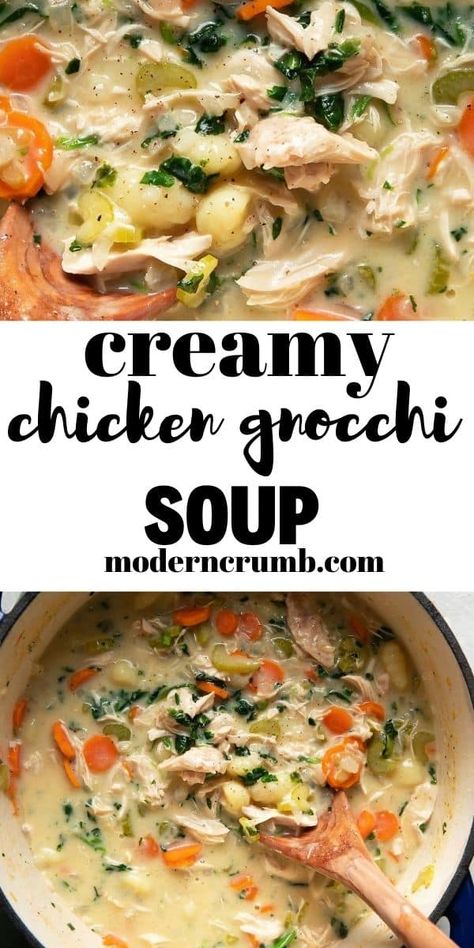 This creamy chicken gnocchi soup has a chicken broth and cream base that makes for a delicious savory soup. Filled with onions, carrots, celery and spinach. It's hearty and so filling. The whole family will flock to this dinner. Creamy Gnocchi Chicken Soup, Creamy Chicken Gnocchi Soup, Creamy Chicken Gnocchi, Cream Based Soups, Cooking Frozen Chicken, Chicken Gnocchi, Carrots Celery, Chicken Gnocchi Soup, Gnocchi Soup