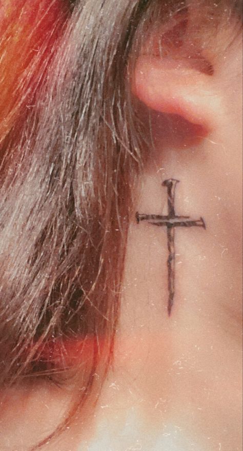 Christian Ear Tattoo, Cross Neck Tattoo For Women, Cross Of Thorns Tattoo, Thorn Cross Tattoo, Cross On Collar Bone Tattoo, Cross Behind The Ear Tattoo, Small Cross On Neck Tattoo, Cross Tattoos For Women Behind The Ear, Unique Cross Tattoos For Women Design