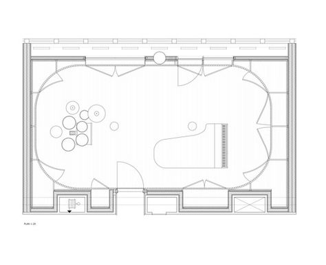 Sonorous Museum Copenhagen / CREO ARKITEKTER + ADEPT | ArchDaily Kindergarten Classroom Layout, Instrument Room, Classroom Floor Plan, Wooden Panelling, Music Museum, Architecture Drawing Plan, Ceiling Plan, Glass Showcase, Drawing Step