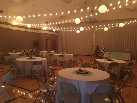 Small LDS Cultural Hall Reception. Small Event Hall Design, Diy Wedding Hall Decorations, Wedding Reception In A Gym, Lds Wedding Decor, Lds Reception Cultural Hall, Lds Chapel Wedding Receptions, Small Indoor Reception, Lds Cultural Hall Wedding Reception, Lds Gym Wedding Reception