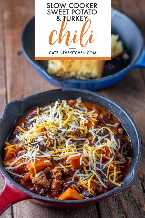 Turkey Sweet Potato Chili, Turkey Chili Crockpot, Pineapple Rice, Slow Cooker Turkey Chili, Potato Chili, Slow Cooker Sweet Potatoes, Chili Chili, Cubed Sweet Potatoes, Crockpot Turkey