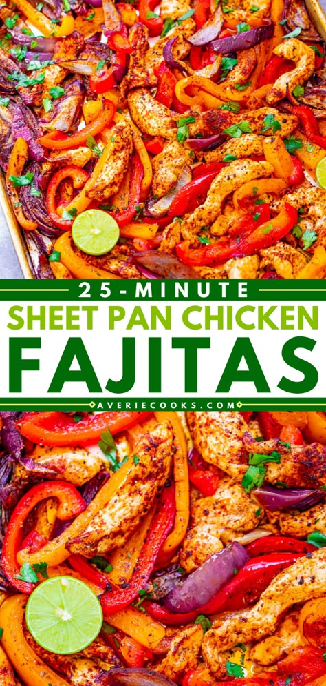 25-Minute Sheet Pan Chicken Fajitas - Averie Cooks Chicken Fajitas Oven, Easy Chicken Fajita Recipe, Verde Chicken Enchiladas, Sheet Pan Chicken Thighs, Pan Chicken Breast, Sheet Pan Fajitas, Salsa Verde Chicken Enchiladas, Sheet Pan Chicken Fajitas, Easy Skillet Chicken