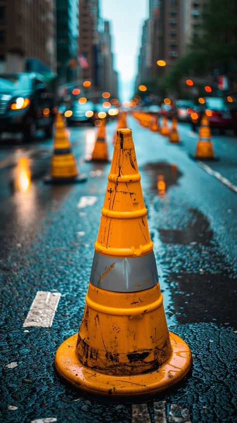 Urban Construction Zone: Vibrant orange traffic cones line a wet city street, signaling road work ahead under cloudy skies. #traffic #cone #street #city #construction #aiart #aiphoto #stockcake ⬇️ Download and 📝 Prompt 👉 https://ayr.app/l/vu5D Roads Photography, Road Workers, Traffic Cone, Road Work, Cloudy Skies, Road Photography, Construction Zone, Urban Road, Road Construction