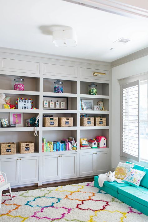 Playroom Inspiration for Smaller Spaces - Seamlined Living Playroom Rainbow, Rainbow Playroom, Basement Playroom, Kids Playroom Decor, Kids' Playroom, Playroom Storage, Playroom Design, Playroom Organization, Ball Jars