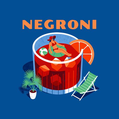 Negroni Illustration, Colour Illustration, Cocktail Illustration, 달력 디자인, Mid Century Illustration, Summer Illustration, Block Colour, 캐릭터 드로잉, Illustration Style