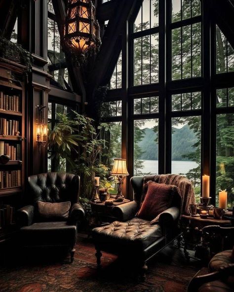 Dark Academia Home, Dark Living Rooms, Dark Home, Cabin Interiors, Dream House Interior, Gothic House, Cozy Room, Cabin Homes, A Living Room