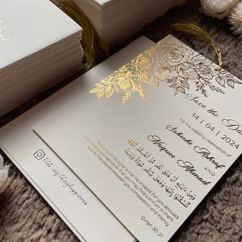 The bespoke wedding invitation features elegant cream cardstock adorned with gold foiled delicate floral motifs, further enhanced by the addition of a golden zari tassel. The golden tassel adds a touch of regal charm, securing the invitation with a shimmering flourish, symbolising a celebration of love and luxury. ✨ . DM us for details 🌸 . [wedding invitations, wedding card, invitation cards, bespoke wedding invites, personalised, aesthetic, classic, foling, Kolkata, handmade, small business|... Regal Wedding Invitations, Golden Wedding Invitations, Wedding Card Invitation, Handmade Small Business, Bespoke Wedding Invitations, Golden Wedding, Card Invitation, Invitations Wedding, Bespoke Wedding