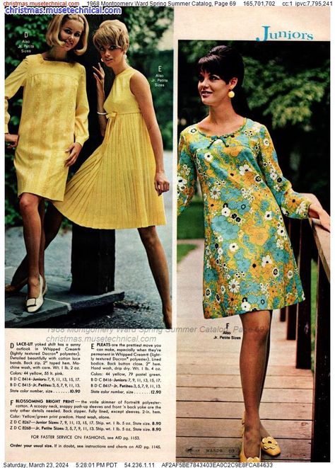 1968 Montgomery Ward Spring Summer Catalog, Page 69 - Catalogs & Wishbooks 60s Dress Up, 1968 Fashion, Vintage Dress Outfit, 60s Fashion Dresses, 1960s Dresses, 1960 Fashion, 1960s Outfits, 60s 70s Fashion, Vintage Dress 60s