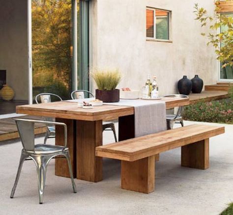 dining room design and decor with different dining chairs Outdoor Patio Table, Rustic Outdoor, Dining Room Inspiration, Rustic Table, Design Living Room, Outdoor Tables, Wooden Table, Patio Table, Outdoor Dining Table