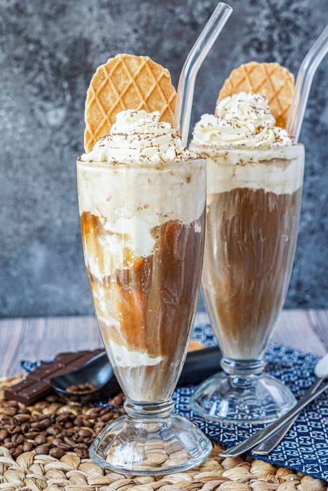 Side view of Eiskaffee in two tall glasses with glass straws. Coffee With Ice Cream, German Coffee, Mocha Smoothie, Crumb Coffee Cakes, Mocha Frosting, Bistro Menu, Food Reference, Gluten Free Scones, German Foods