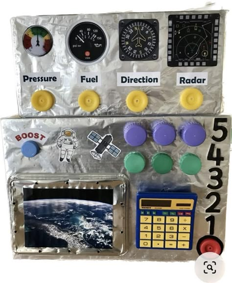 Spaceship Dramatic Play, Diy Space Station, Space Dramatic Play, Stellar Vbs 2023, Spaceship Control Panel, Space Activities Preschool, Vbs Stellar, Space Vbs, Spaceship Decor