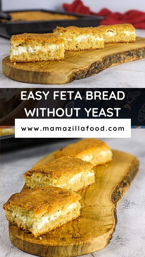 Three feta bread slices on a wooden board. Feta Bread Recipe, Feta Cheese Bread, Bread Recipe Without Yeast, Feta Bread, Picnics With Friends, Bread Without Yeast, Greek Cheese, Cheese Bread, Breakfast Snacks