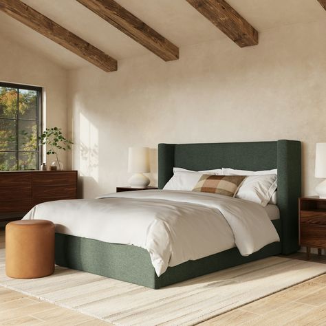 Bed Frame California King, Lulu Georgia Bedroom, Bedroom Ideas Green Bed, Sage And Charcoal Bedroom, Teddy Boucle Bed, Cushioned Bed Frame, Green Bedframe Aesthetics, Olive Green Bed Frame, Dark Green Bed Frame