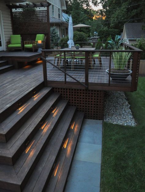 Lights In Decking, Creative Backyard Ideas Landscapes, Deck With Stairs All Around, Raised Deck Off Back Of House, Deck With Landing, Deck Ideas With Gazebo, Multi Tier Deck, Big Deck Ideas, Decks With Stairs