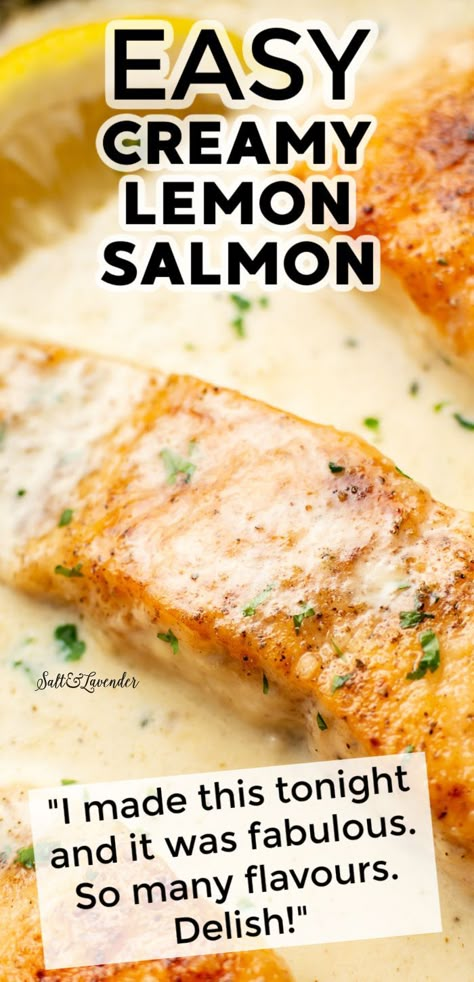 This easy salmon recipe has a bright and comforting lemon cream sauce! It uses a simple technique and is ready in 20 minutes. Lemon Sauce For Fish, Creamy Lemon Salmon, Lemon Sauce For Salmon, Salmon Sauce Recipes, Lemon Salmon Recipes, Crockpot Salmon, Shrimp Sauce Recipes, Salmon With Cream Sauce, Salmon Sauce