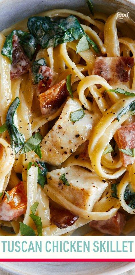 Recipe of the Day: Tuscan Chicken Skillet 🤌 Bacon, cream, Parmesan — is your mouth watering yet? There's no need to go out to dinner when you can make this restaurant-style creamy, cheesy chicken and fettuccine at home. Tuscan Chicken Skillet, Creamy Cheesy Chicken, Pasta With Chicken, Chicken Skillet, Tuscan Chicken, Skillet Chicken, Cheesy Chicken, Chicken Dishes Recipes, Poultry Recipes