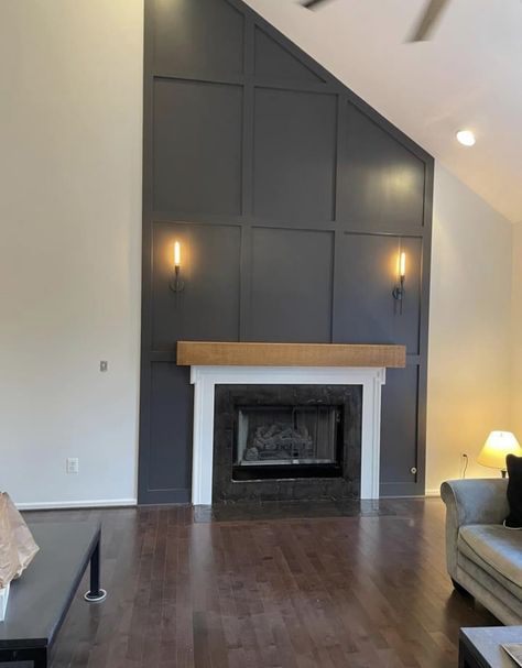 Black Wall Paneling Fireplace, Dark Gray Electric Fireplace Wall, Unique Fireplace Design, Black Board And Batten Fireplace, Charcoal Gray Shiplap Fireplace, Black Fireplace White Walls, Black Modern Fireplace Shiplap, Fireplace Sconces Lighting, Black Modern Fireplace