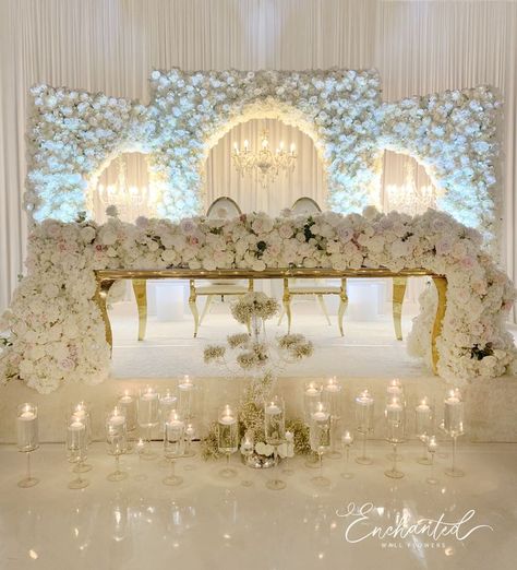 White Sweetheart Table, Wedding Arch Rental, Flower Wall Rental, Brides Table, Bride Groom Table, Reception Stage Decor, White Wedding Decorations, Dream Wedding Reception, Head Table Wedding