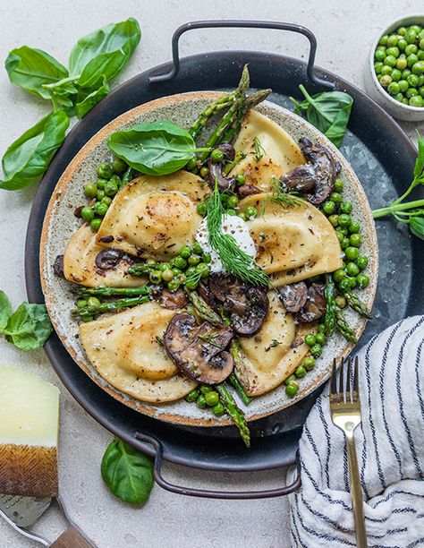 Pierogi Side Dishes, Vegan Perogies, Pierogies Homemade, Perogies Recipe, Whipped Potatoes, Creamed Peas, Pierogi Recipe, Asparagus And Mushrooms, Creamy Mushroom Sauce