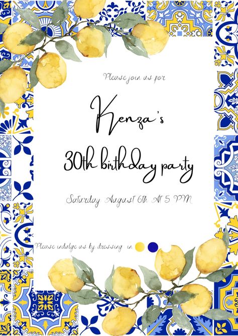 30th birthday invitation positano themed Italian Invites Party Invitations, Lemon Themed Invitations, Mediterranean Party Invitations, Yellow Birthday Invitations, Positano Birthday Theme, Italian Birthday Invitation, Capri Birthday Theme, Italian Summer Birthday Party, Italian Summer Theme