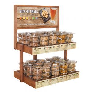 Packaged Food Display, Nut Display Ideas, Food Samples Display, Snack Display Ideas, Countertop Wood, Wooden Shelf Unit, Snack Display, Bakery Display, Countertop Display