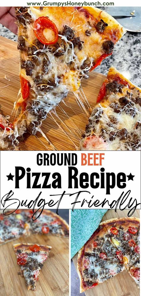 Ground Beef Pizza is a delicious budget friendly meal that will easily feed a family of 4! Seasoned ground beef tops a homemade pizza dough with cheese and sauce. Add your own favorite toppings to go with! Get this pizza recipe and more at Grumpy's Honeybunch website. Ground Beef Pizza, Pizza Marinara, Friday Night Pizza, Beef Pizza, Pizza Crust Dough, Delicious Pizza Recipes, Ground Beef Recipe, Meat Lovers Pizza, Pizza Roll