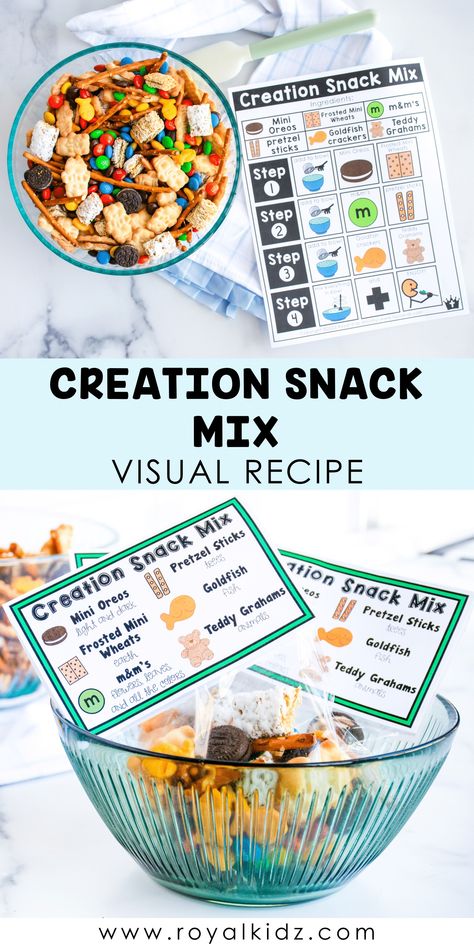 Creation Snack Mix Visual Recipe - Free Special Needs Ministry Resources: Royal Kidz Adapted Bible Curriculum Vbs Jungle Theme Snacks, Creation Themed Snacks, Creation Snacks For Kids, What A Mess Vbs Snacks, Bible Themed Snacks, Great Jungle Journey Vbs Snacks, Jungle Journey Vbs Snacks, Creation Snacks For Kids Bible, Jungle Journey Vbs 2024 Snacks