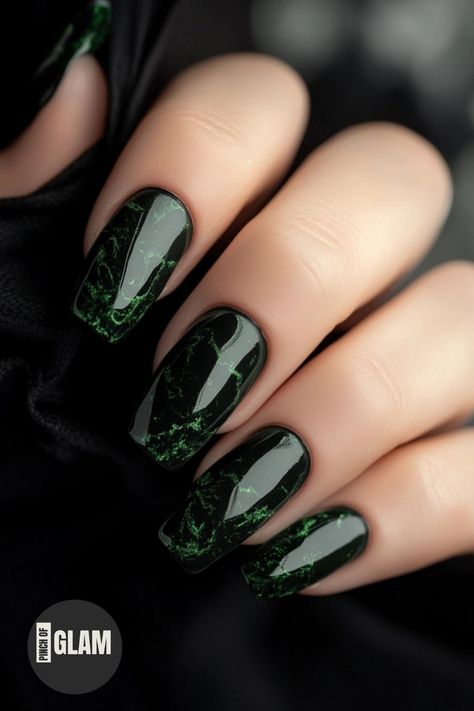 Looking for some nail inspiration? Try out these chic dark green nails designs that will take your nail game to the next level! Whether you prefer a solid dark green color or fun nail art ideas, we've got you covered. From glitter accents to floral patterns, there are endless ways to rock dark green nails and show off your unique style. Get ready to make a statement with these stunning dark green nails that will turn heads wherever you go! Mossy Green Nails, Black And Green Nails Designs, Dark Green Nails Designs, Dark Green Nails Ideas, Trendy Green Nails, Green Nails Designs, Green Christmas Nails, Black Ombre Nails, Dark Green Nails