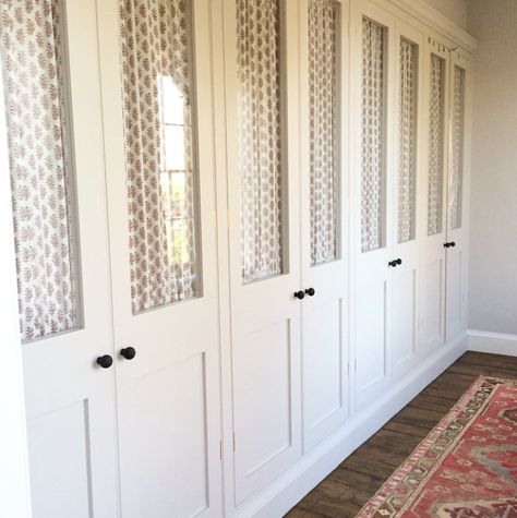 Fabric door details.  Bootroom or linen cupboard? Fabric On Closet Doors, Turquoise Built Ins, Fabric Doors For Closet, Fabric Cupboard Doors, Built In Bedroom Wardrobes, Fabric Closet Doors, Fabric Wardrobe Doors, Joanna Plant, Bedroom Built In Wardrobe