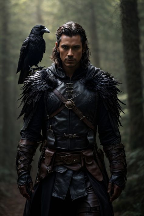 crow humanoid, male, ranger, holding longbow, wearing dark leather, fantasy style, standing in a forest, perfect proportion, dungeons and dragons style, 8K picture quality, shimmer, delicate picture, full body shot, character sheet, 3d, cgi Crow Humanoid, Ranger Dnd Male, Male Warrior Fantasy Art, Dark Fantasy Male, Ranger Rpg, Fantasy Male Art, Fantasy Ranger, Dark Ranger, Dnd Ranger