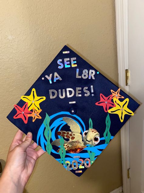 Decorated my Graduation cap!!!! #diy #quarantine #graduation #classof2020 #findingnemo #squirt #aesthetic #turtle #crafting Squirt Graduation Cap, Shark Graduation Cap, Turtle Graduation Cap, Graudtion Caps Ideas, Animal Graduation Cap, Decorated Graduation Caps, Graduation Cap Diy, Aesthetic Turtle, Graduation Things