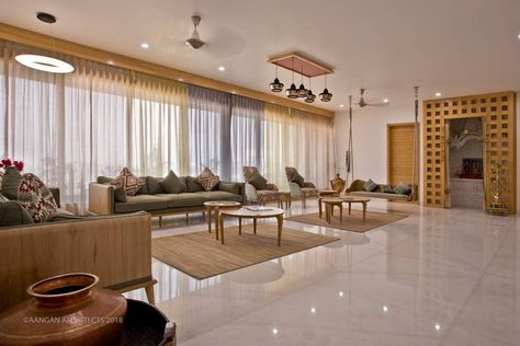 Big Hall Design Interior, Big Living Room Ideas Indian, Aangan Architects, Hall Room Design, Big Living Room Decor, House Beautiful Living Rooms, Living Room Designs India, Big Living Room, Flat Interior Design