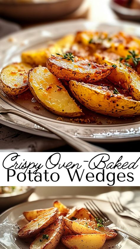 Satisfy your craving for crunchy fries with these Crispy Oven-Baked Potato Wedges! Seasoned with savory spices and baked until golden brown, they’re a great fall side dish or snack that pairs perfectly with any meal. Easy to make and impossible to resist! Oven Baked Wedges, Oven Baked Potatoes Recipes, Crispy Potatoes In Oven, Oven Wedges, Baked Potato Wedges Recipe, Potato Fries Baked, Potato Side Dishes Easy, Crispy Potato Wedges, Crispy Baked Potatoes