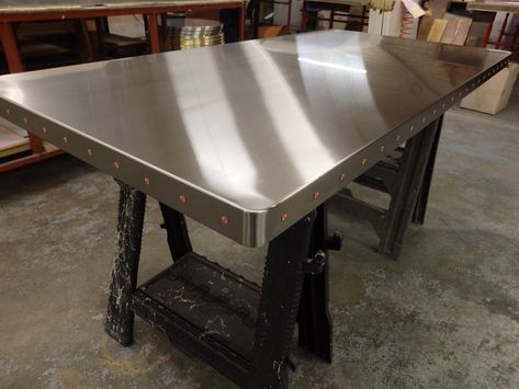 82 - Satin Stainless Steel Table Top with Copper Rivets | Flickr Steel Kitchen Table, Stainless Steel Kitchen Countertops, Stainless Steel Kitchen Table, Stainless Table, Kitchen Table Top, Stainless Steel Table Top, Stainless Steel Dining Table, Metal Dining Room, Replacing Kitchen Countertops