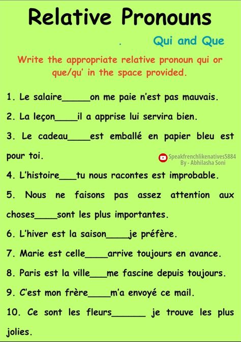 Relative Pronouns Worksheet, Pronouns In French, Pronouns Worksheet, Relative Pronouns, French Worksheets, French Language Lessons, Language Lessons, Teaching French, French Language