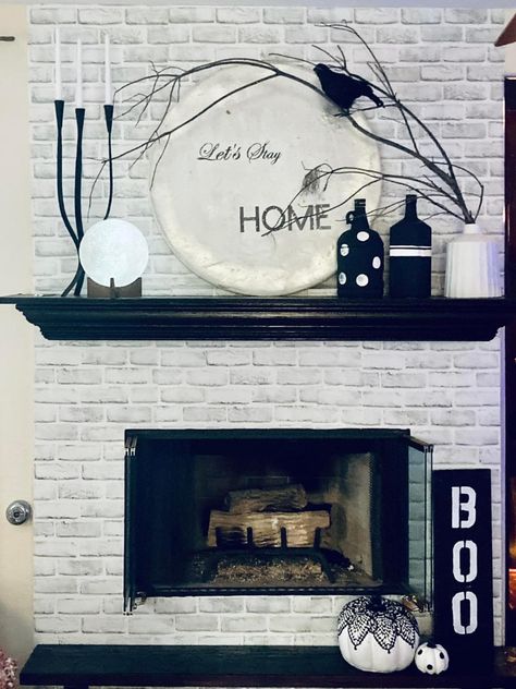 White Fireplace With Black Mantle, Fireplace With Black Mantle, Black Mantle, White Fireplace, Lets Stay Home, Fireplace Mantels, Silver Foil, Spooky Season, Foil