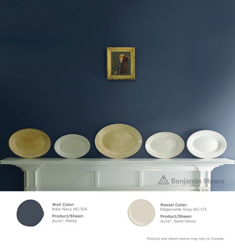 Your perfect match. #BenjaminMoore Hale Navy HC-154 with Aura, matte finish (wall); and, Edgecomb Gray HC-173 with Aura, semi-gloss finish (mantel). Benjamin Moore Colonial Colors, Bm Historical Collection, Benjamin Moore Colonial Blue, Benjamin Moore Brittania Blue, French Toile Benjamin Moore, Benjamin Moore Historical Collection, Bm Hale Navy, Benjamin Moore Historical Colors, Colors In Architecture