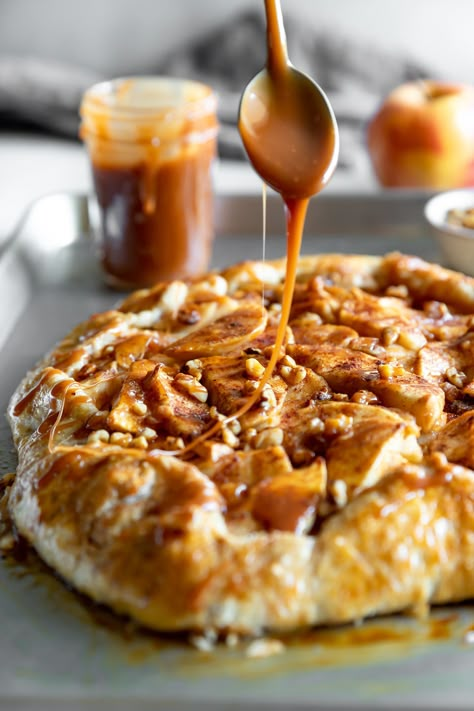 Bourbon Caramel Apple Galette | A Sassy Spoon Rustic Caramel Apple Tart, Apple Walnut Galette, Mini Apple Galette Recipe, Apple Bourbon Cake, Apple Caramel Dessert, Galette Recipe Desserts, Rustic Apple Galette, Caramel Apple Galette, Caramel Apple Kits