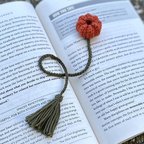 Crochet Pumpkin Bookmark Pattern: Fall Harvest Leaves & Vines Crochet Amigurumi Bookmark, Fall Crochet Ideas Easy, Crochet Fall Bookmark, Crochet Pumpkin Bookmark, Crochet Mushroom Bookmark Free Pattern, Tiny Pumpkin Crochet Pattern Free, Crochet Tiny Pumpkin, Crochet Halloween Bookmark, Halloween Crochet Bookmarks